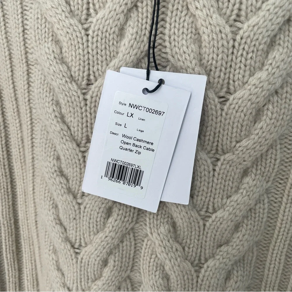 SOLD NAADAM Wool-Cashmere Open-Back Cable Quarter-Zip Taupe Linen Sweater NEW - Picture 7 of 10